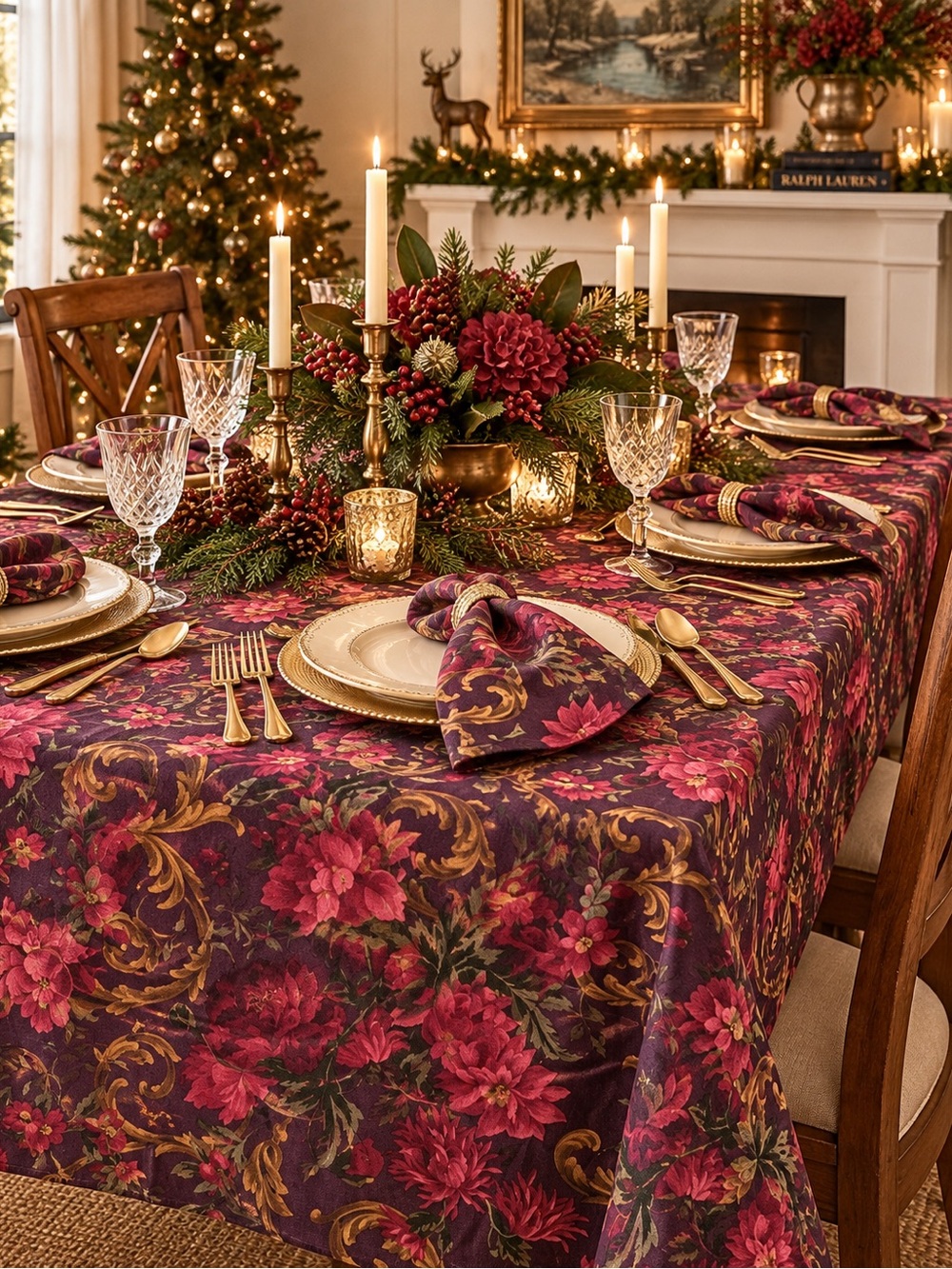 Lauren Ralph Lauren Burgundy and Gold Floral Jacquard Tablecloth and napkins